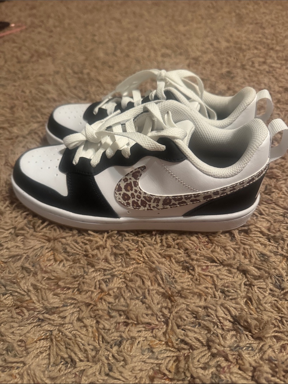 Nike Court Borough Low Kids Sneakers in White, Black & Leopard Print